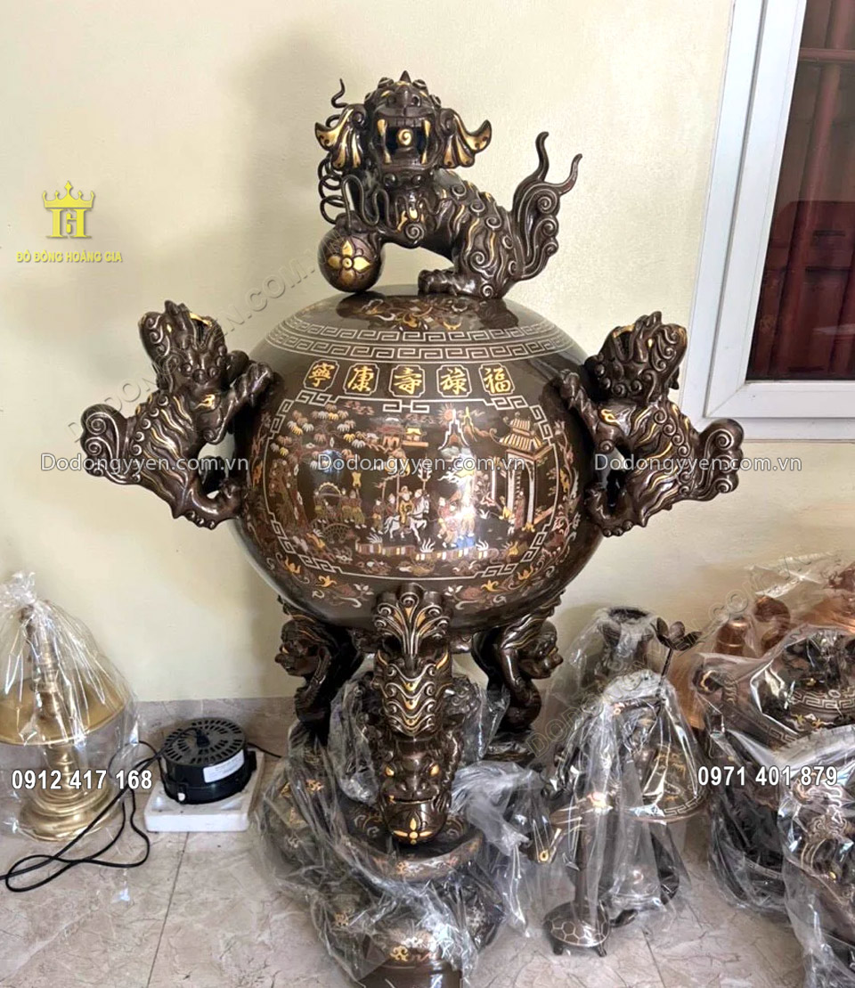 Đỉnh thất l&acirc;n vờn cầu khảm ngũ sắc họa tiết vinh quy b&aacute;i tổ